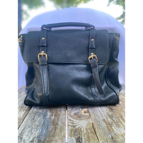 MMS Design Studio Black Faux Leather Backpack Tote Bag Convertible Gold Accents - Picture 1 of 7